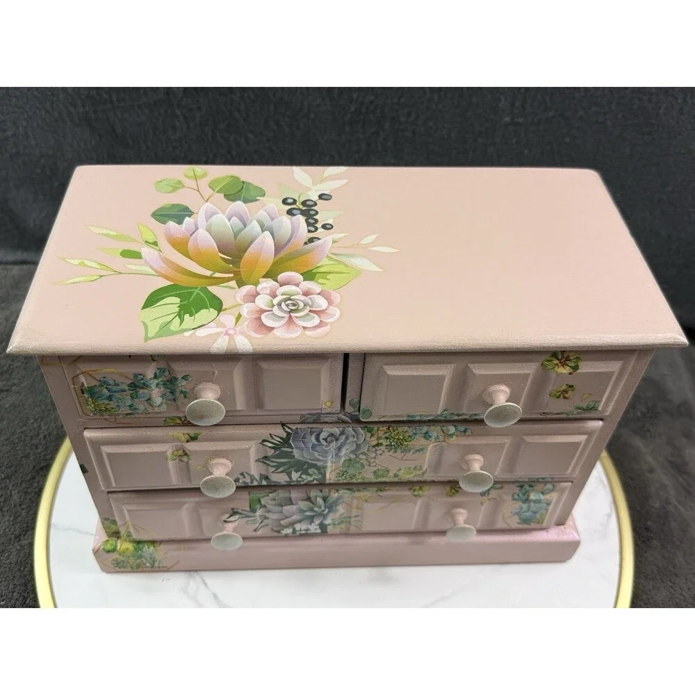 Vintage Wood Jewelry Box Hand Painted Decoupage Floral 4 Drawer Chest Organizer